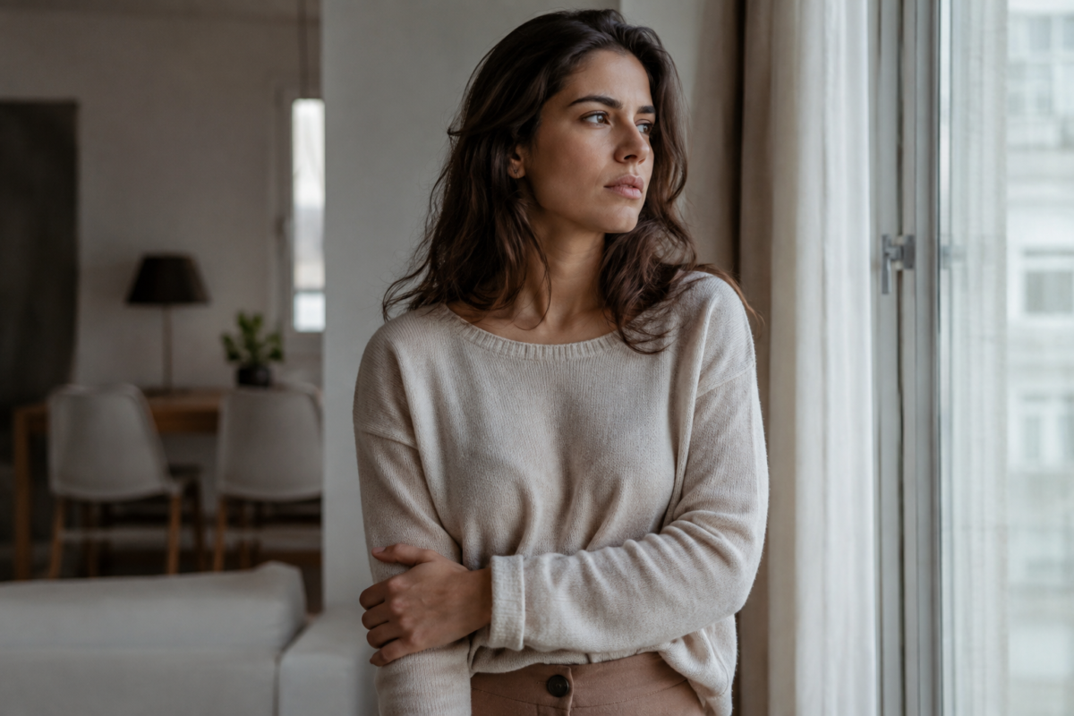 Mulher jovem num momento de ansiedade e reflexão junto a uma janela