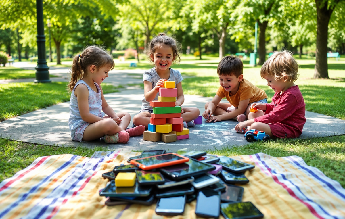 Crianças a brincar ao ar livre com brinquedos, com telemóveis pousados em primeiro plano