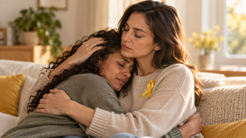 Duas pessoas abraçam-se em sinal de apoio; uma delas usa um laço amarelo de prevenção do suicídio